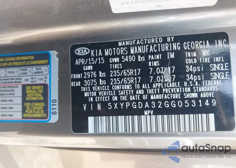 2016 Kia Sorento 2.4L Lx from USA, damaged, VIN 5XYPGDA32GG053149